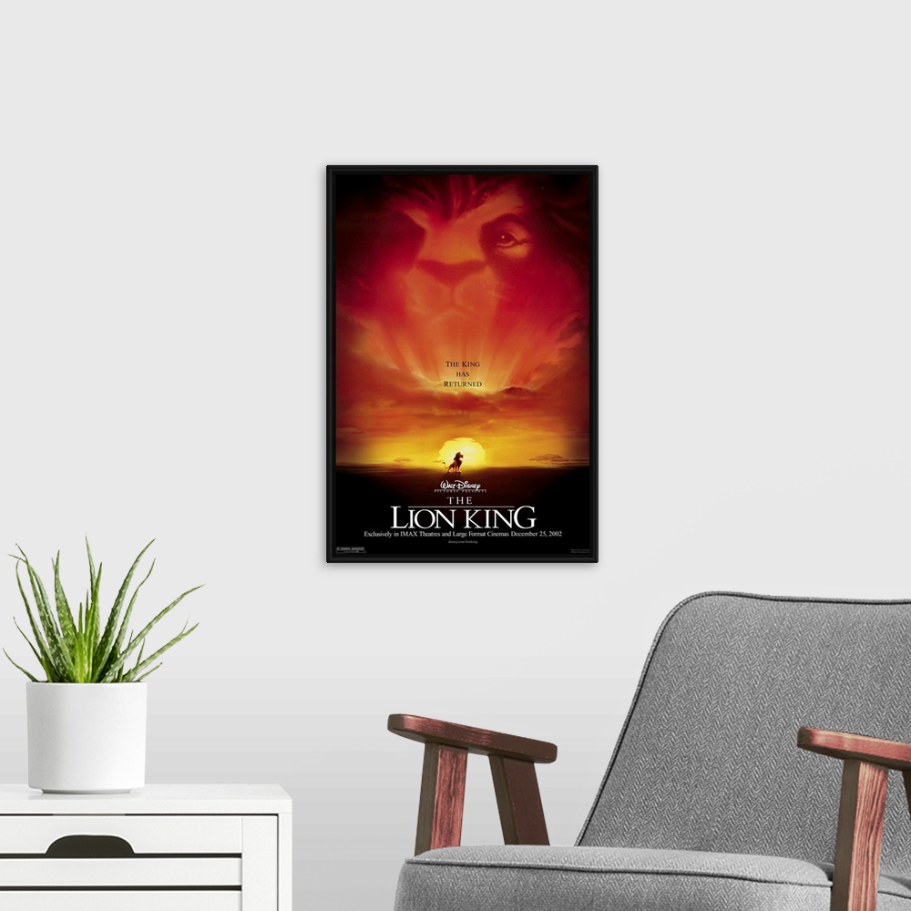 A modern room featuring Movie poster for the 2002 Disney animated movie The Lion King with Simba high on a rock overlooki...