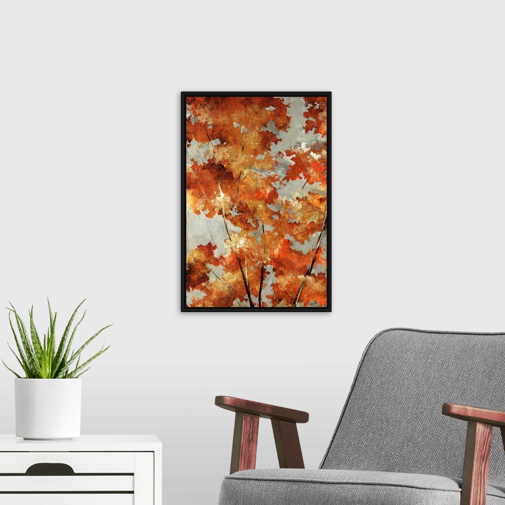 A modern room featuring Painting of autumn leaves in varying fall shades from metallic gold to bright orange to burnt sie...