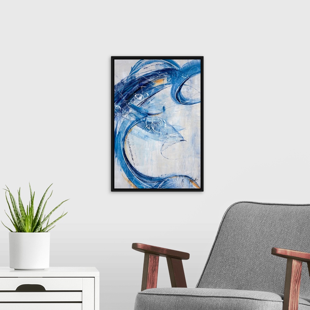 A modern room featuring Contemporary painting of energetic blue brushstrokes that sweep over this vertical composition an...