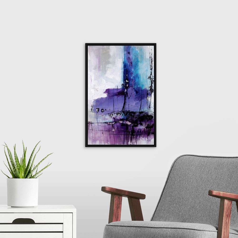 A modern room featuring Contemporary painting done in brilliant shades of purple of purple from violet to eggplant over a...