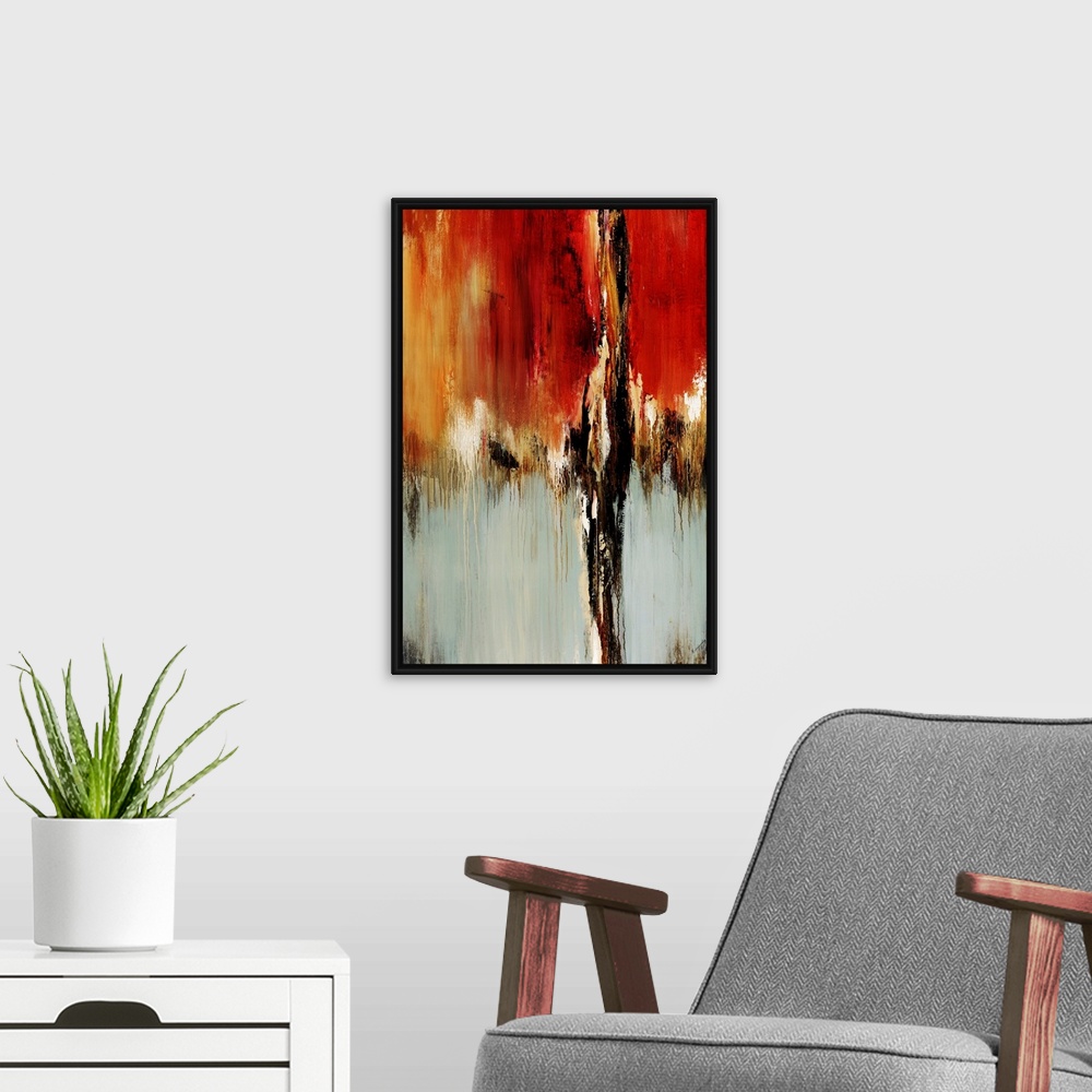 A modern room featuring Vertical abstract painting on canvas of warm colors meeting neutral colors.