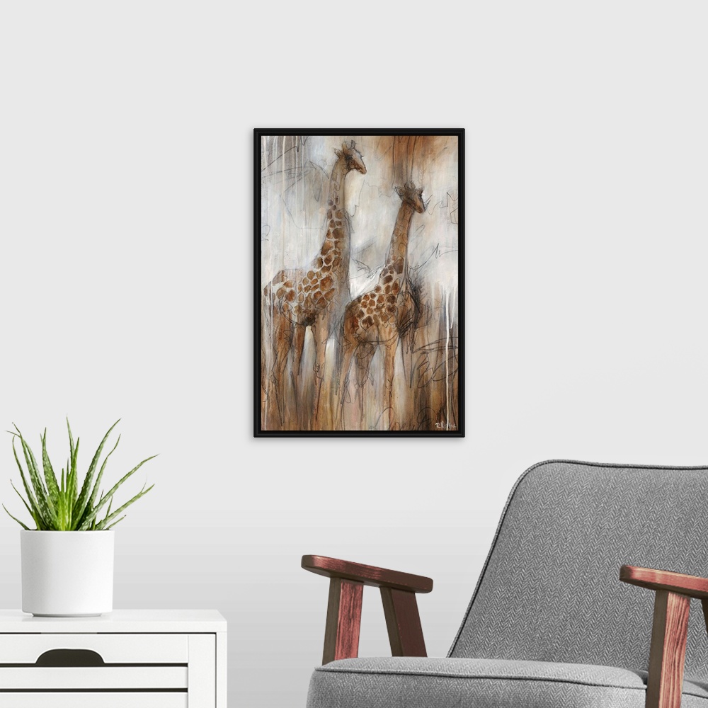 A modern room featuring Illustrative painting of two giraffes done in varying shades of grayish-brown.