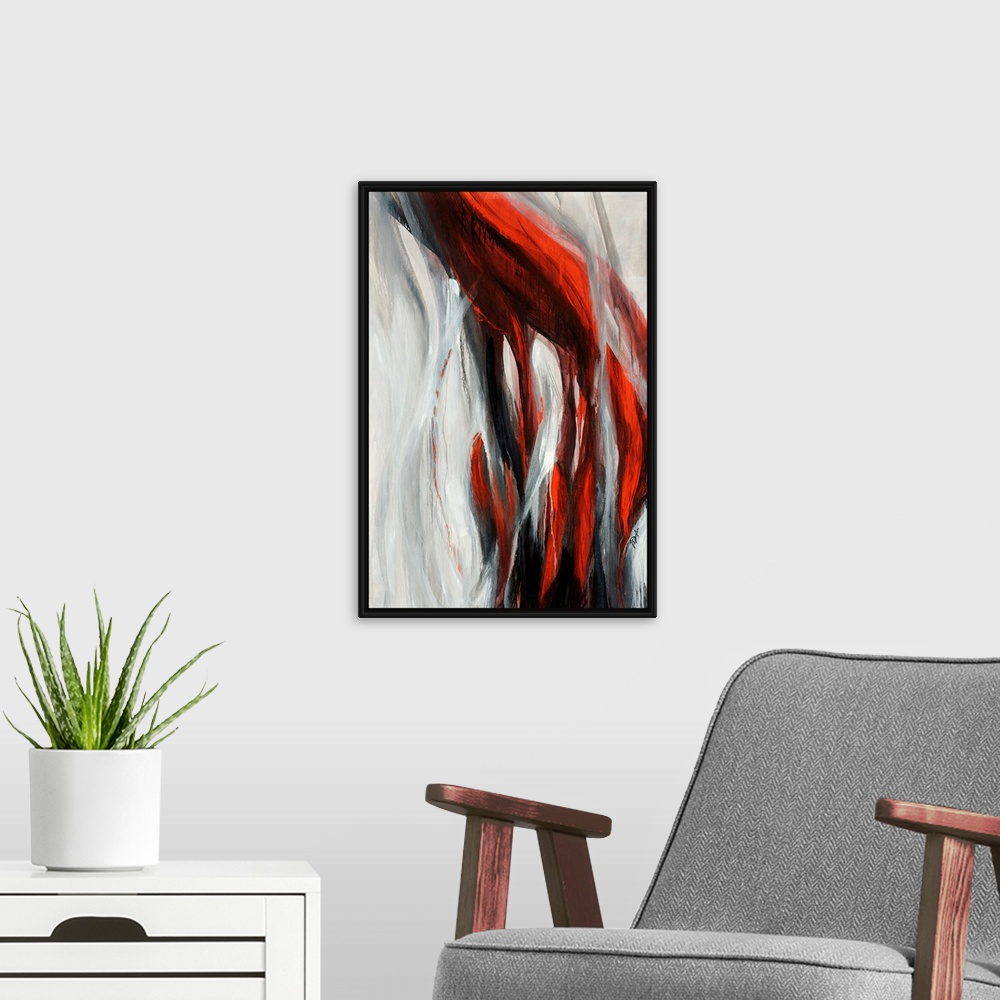 A modern room featuring Contemporary abstract painting featuring long trailing strokes, resembling a hand under a hanging...