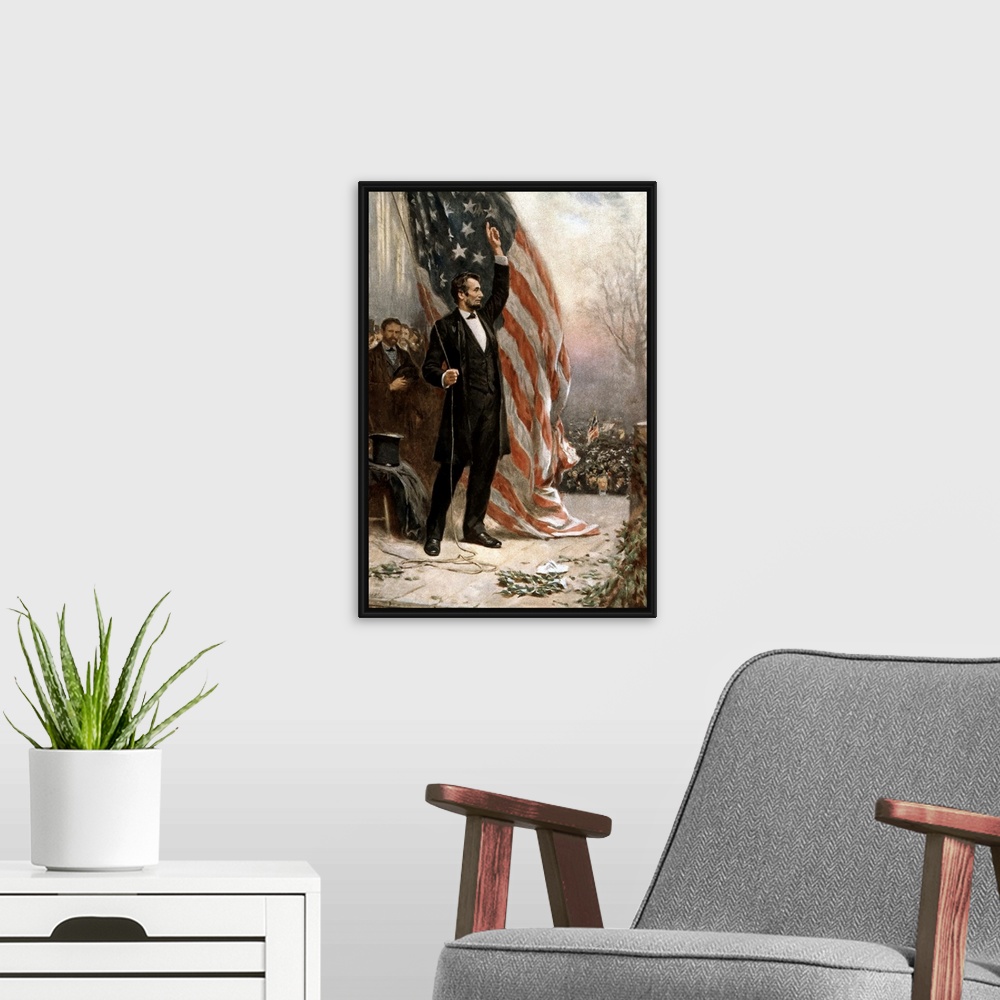 A modern room featuring Digitally restored vintage American Civil War painting featuring President Abraham Lincoln holdin...