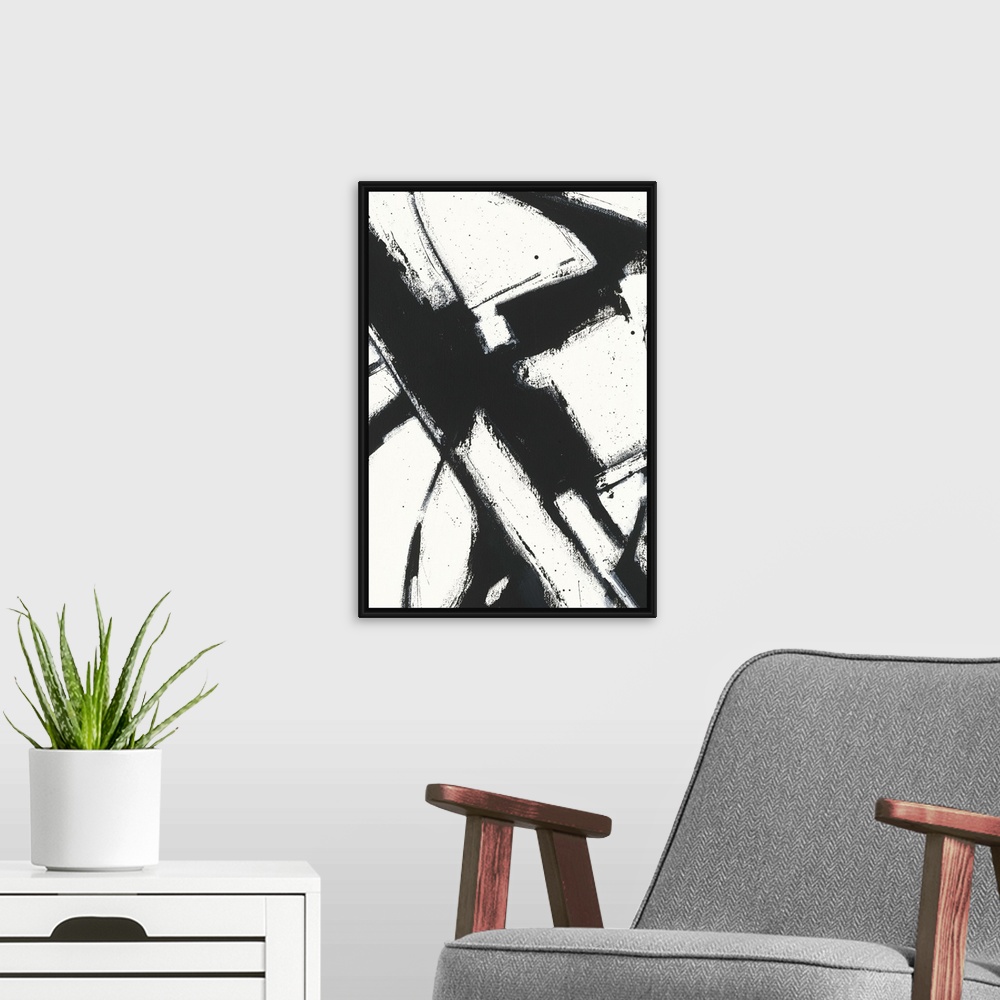 A modern room featuring Contemporary abstract painting using bold black lines against an of white background.