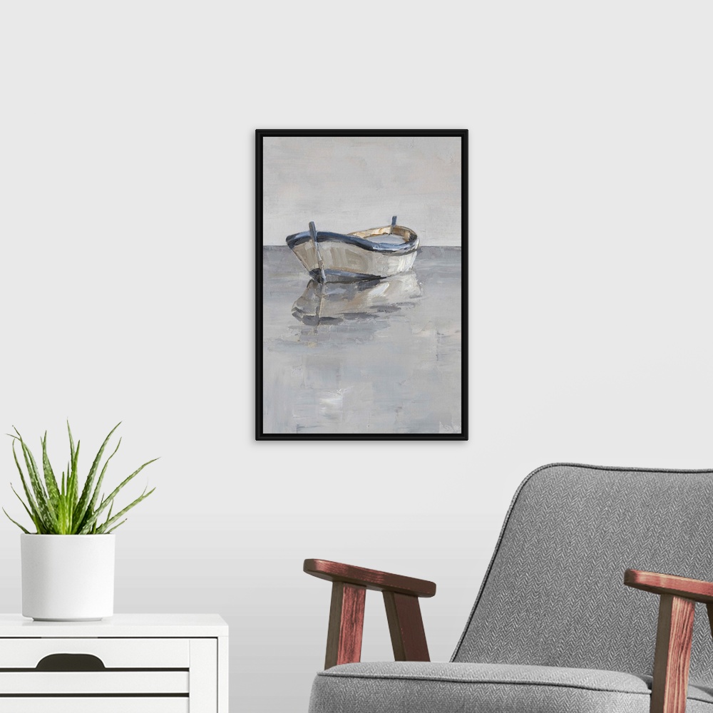 A modern room featuring Contemporary painting of a boat sitting on the ocean in various gray tones.