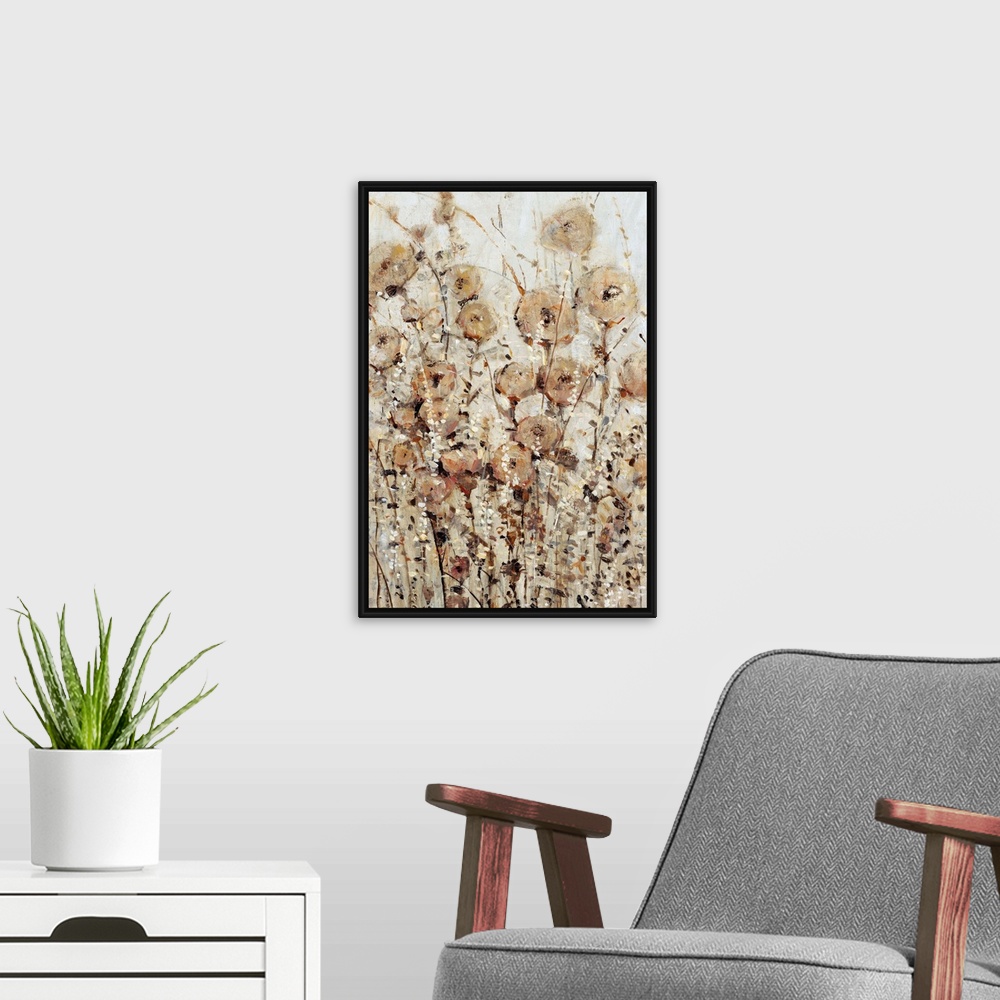 A modern room featuring Contemporary painting of abstracted wildflowers in various brown hues.
