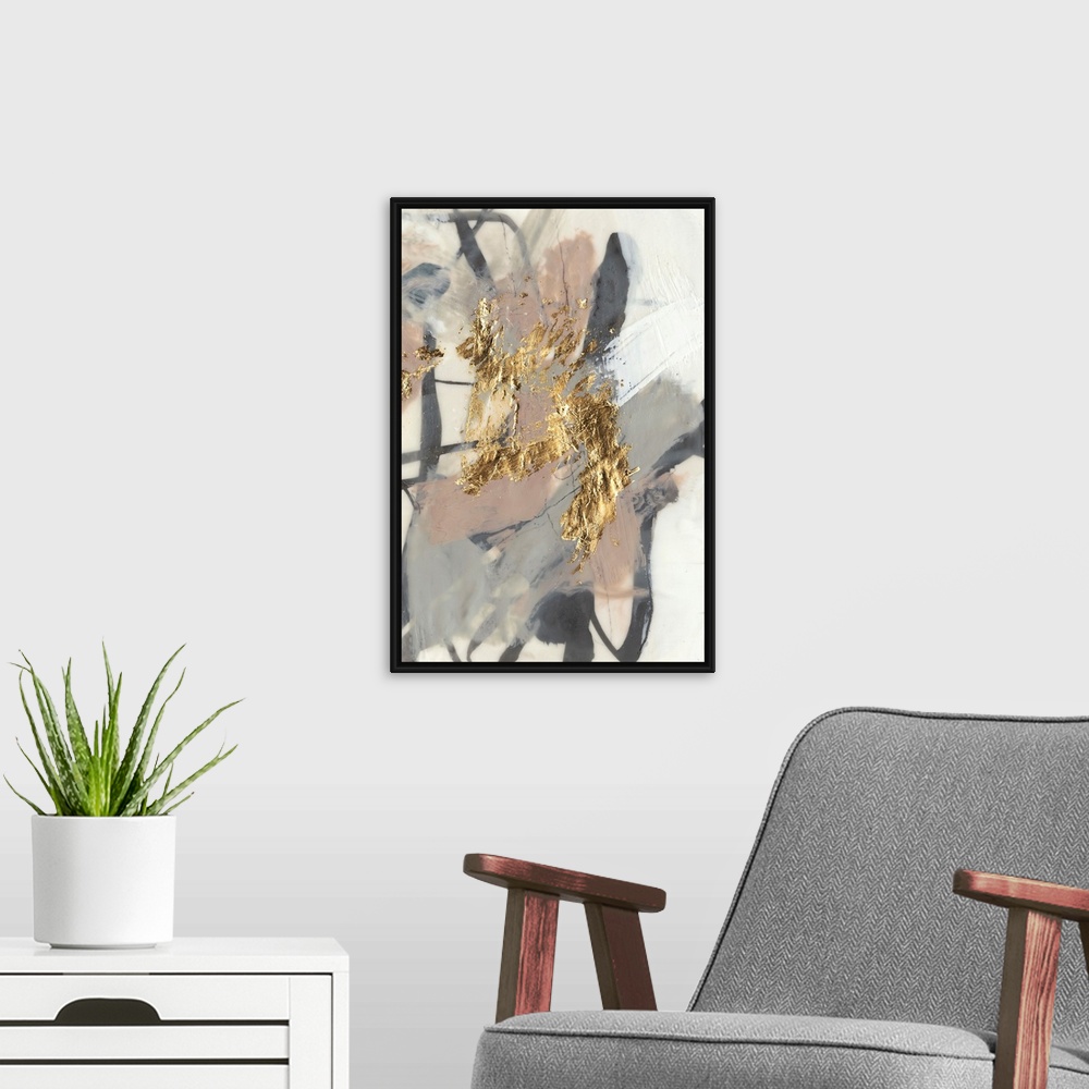 A modern room featuring Abstract of chaotic brush strokes of gray, black and beige in washed out shaded on a cream backgr...