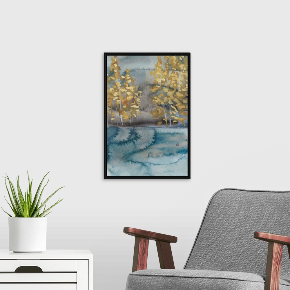 A modern room featuring Abstract watercolor landscape in blue and gray with golden trees.