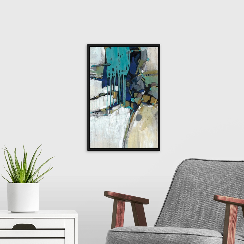A modern room featuring This abstract artwork features blocks of bright color, paint drips and organic lines.