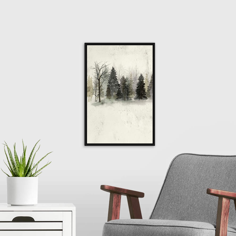 A modern room featuring Contemporary artwork of a dark forest at the edge of a clearing.