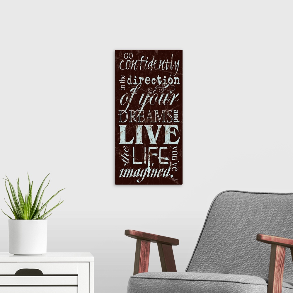 A modern room featuring Vertical typography art in a weathered, grungy style.