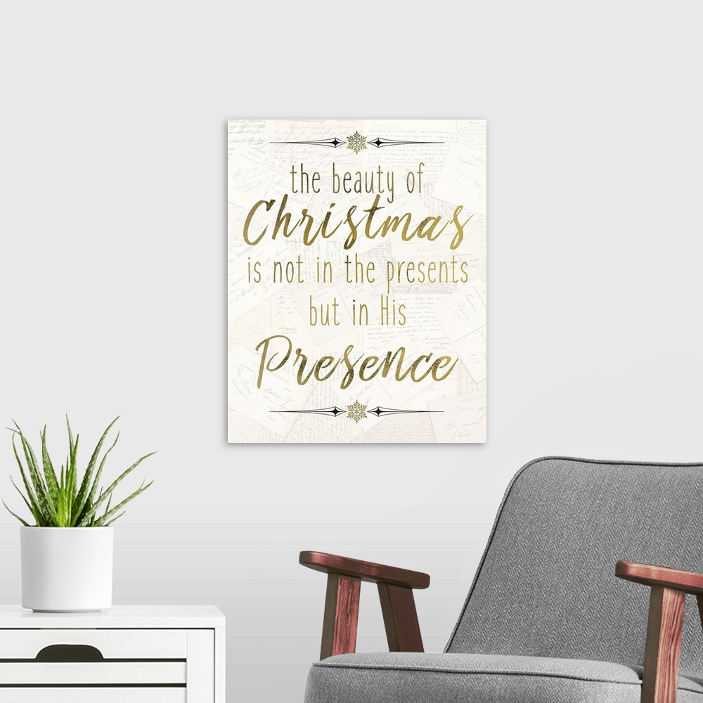 A modern room featuring Golden handlettered text celebrating Christ's birth at Christmastime.