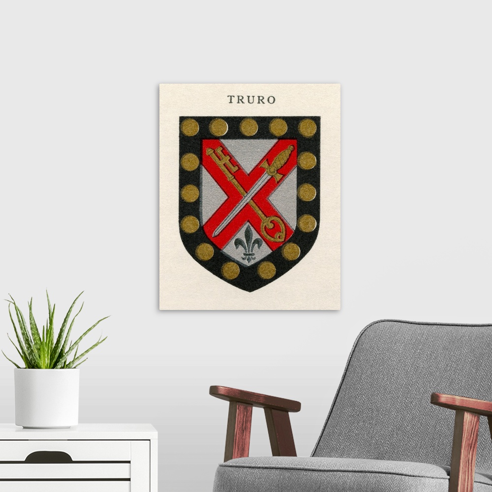 A modern room featuring Coat of arms of the Diocese of Truro.  From Cathedrals, published 1926.