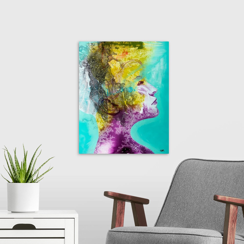A modern room featuring Illustration of a woman's head with colourful abstract patterns emerging from the back of the head