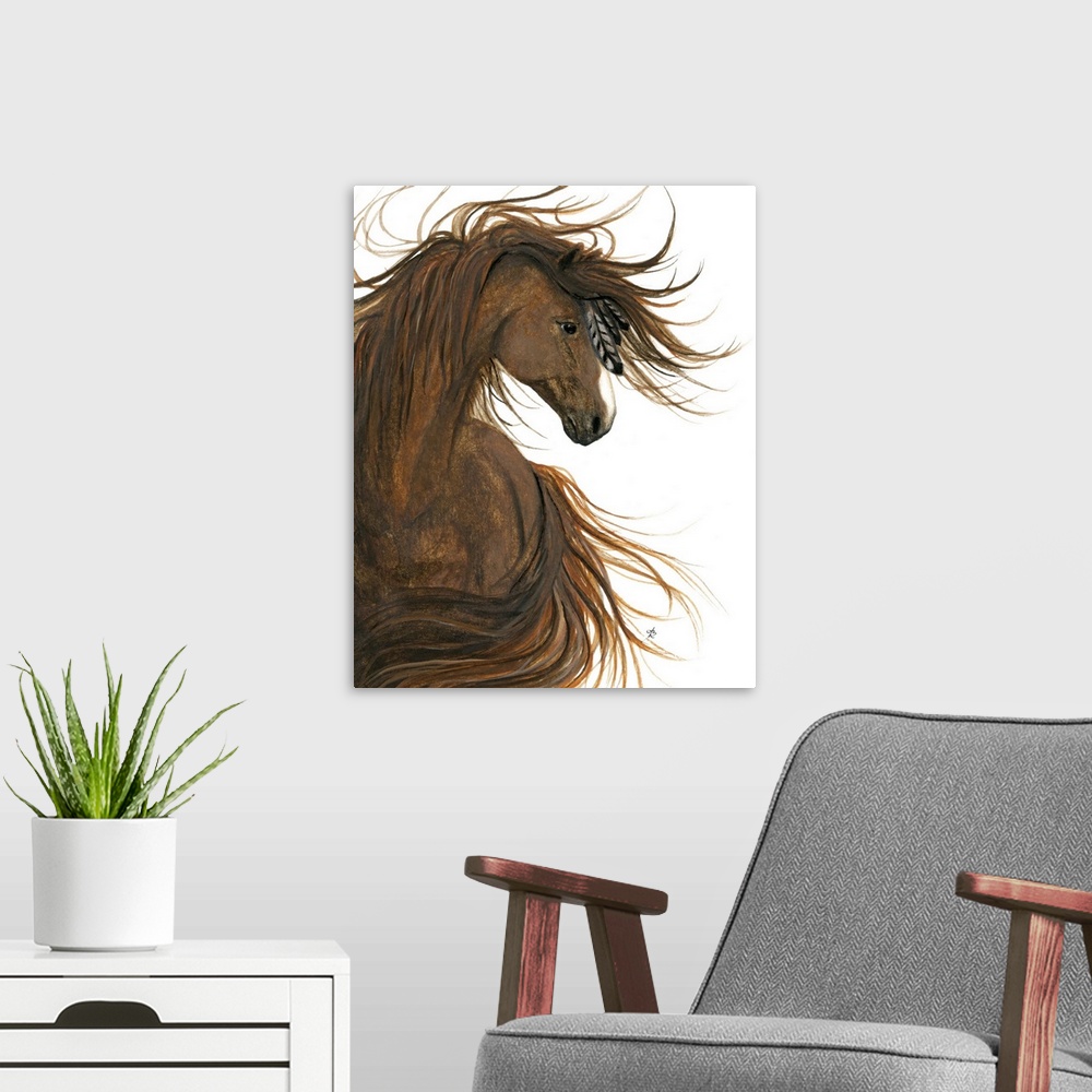 A modern room featuring Majestic Series of Native American inspired horse paintings of a Sorrel horse.