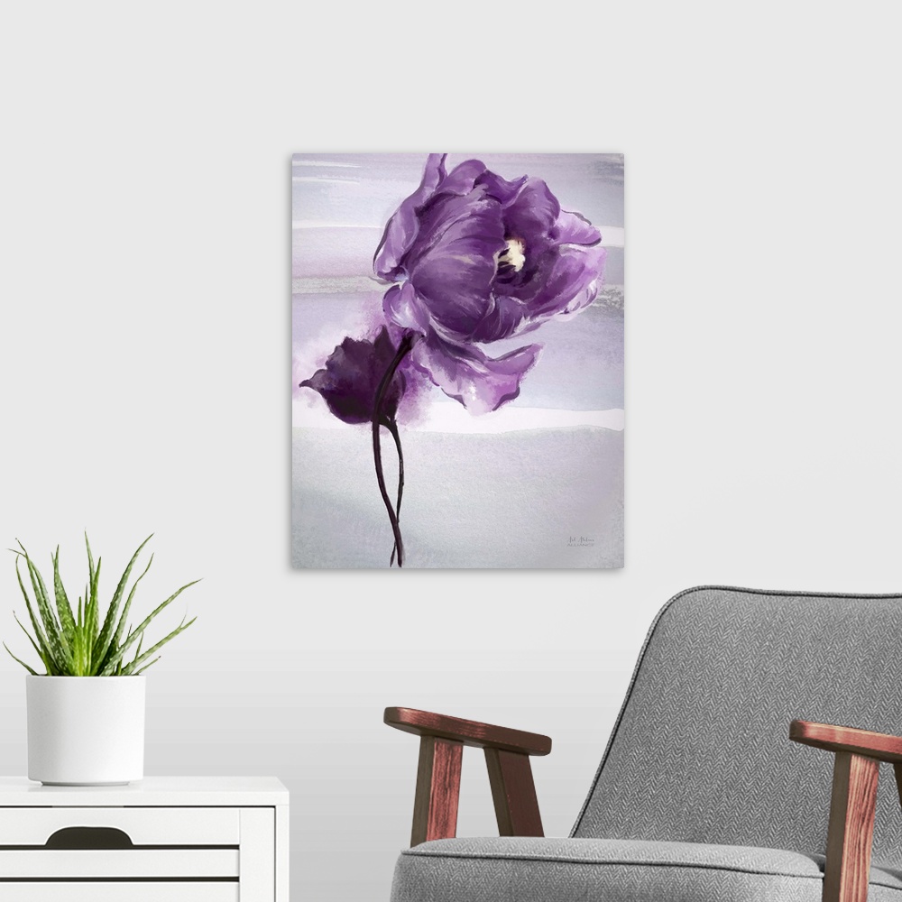 A modern room featuring Contemporary home decor art of  purple flower against a light gray background.