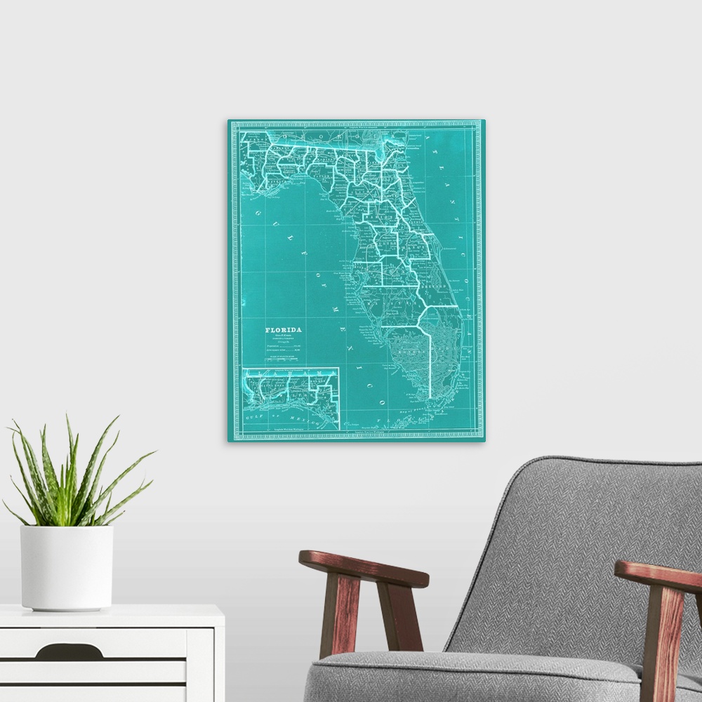 A modern room featuring Teal and white map of the whole state of Florida. Original map chart is c.1903.
