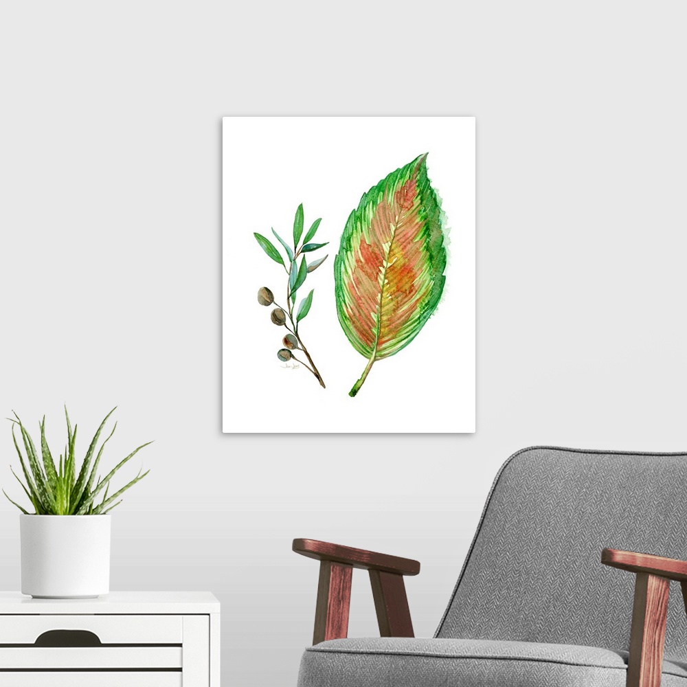 A modern room featuring Painting of a tropical palm leaf and a sprig with berries in green, yellow, orange, blue, and pin...