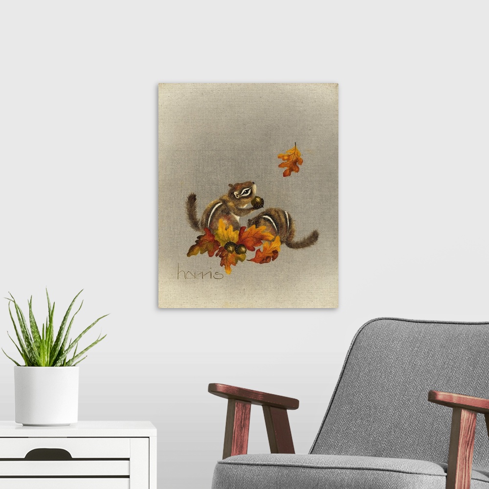 A modern room featuring Two chipmunks playing in leaves and acorns. One chipmunk is holding an acorn and looking at a fal...