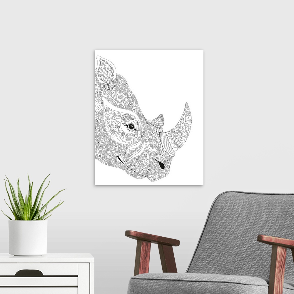 A modern room featuring Black and white line art of an intricately deigned rhinoceros face.