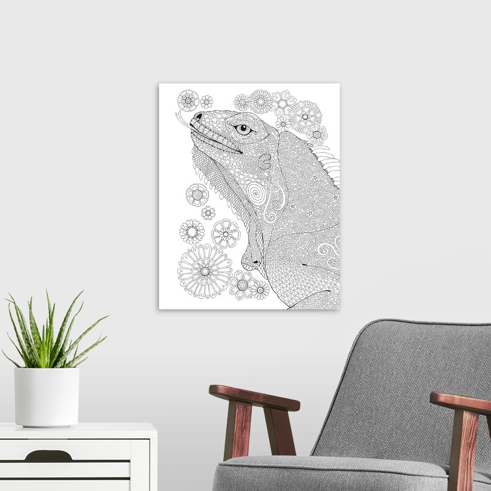 A modern room featuring Black and white line art of an iguana made up of tiny details and patterns surrounded by flowers.