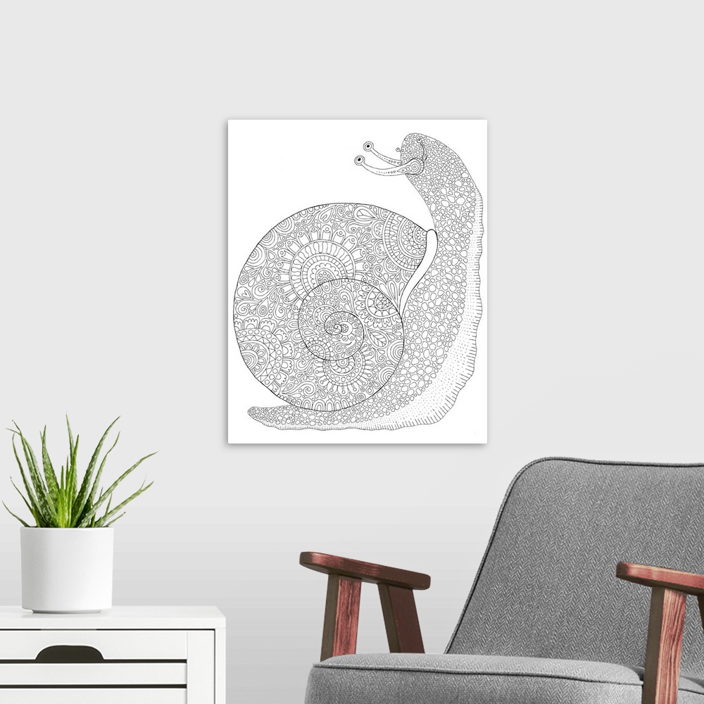 A modern room featuring Black and white line art of an intricately detailed snail.
