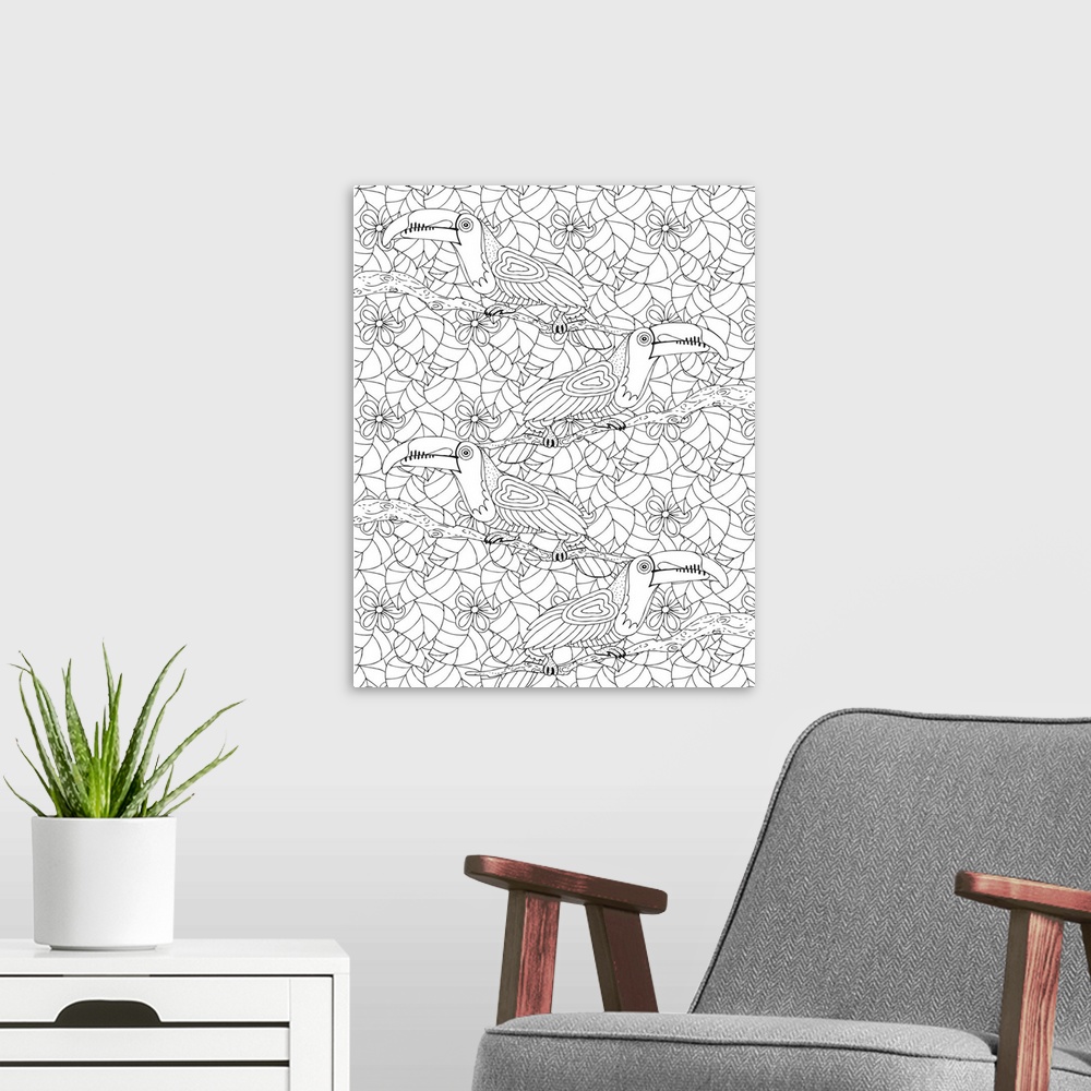 A modern room featuring Black and white line art with a busy pattern of toucans on branches with tropical flowers and lea...