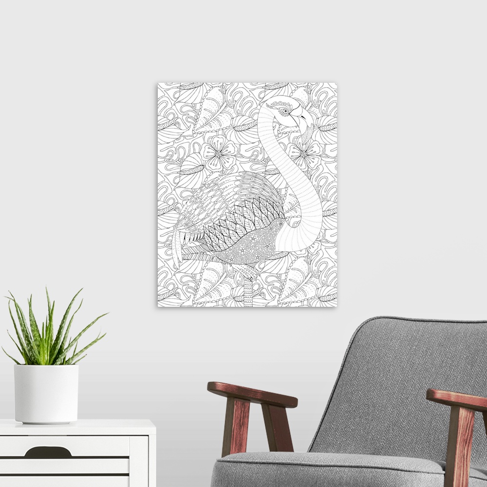 A modern room featuring Black and white line art of an intricately detailed flamingo with a tropical floral background.