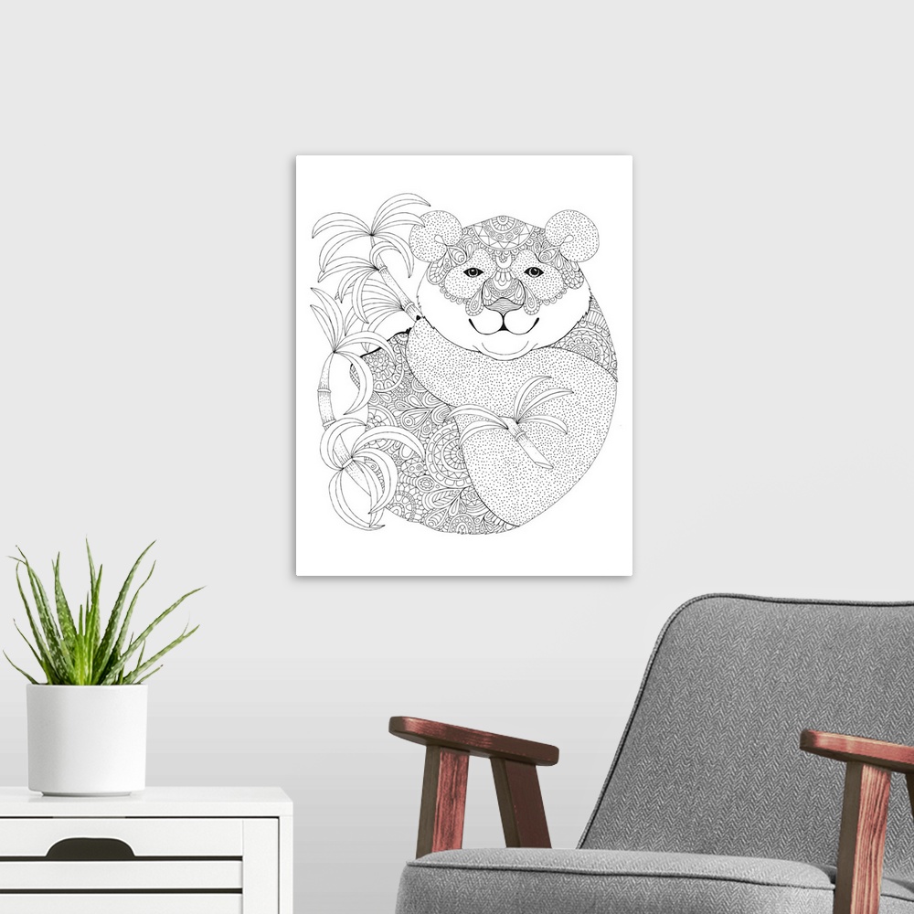 A modern room featuring Black and white line art of a uniquely  designed koala bear with bamboo.
