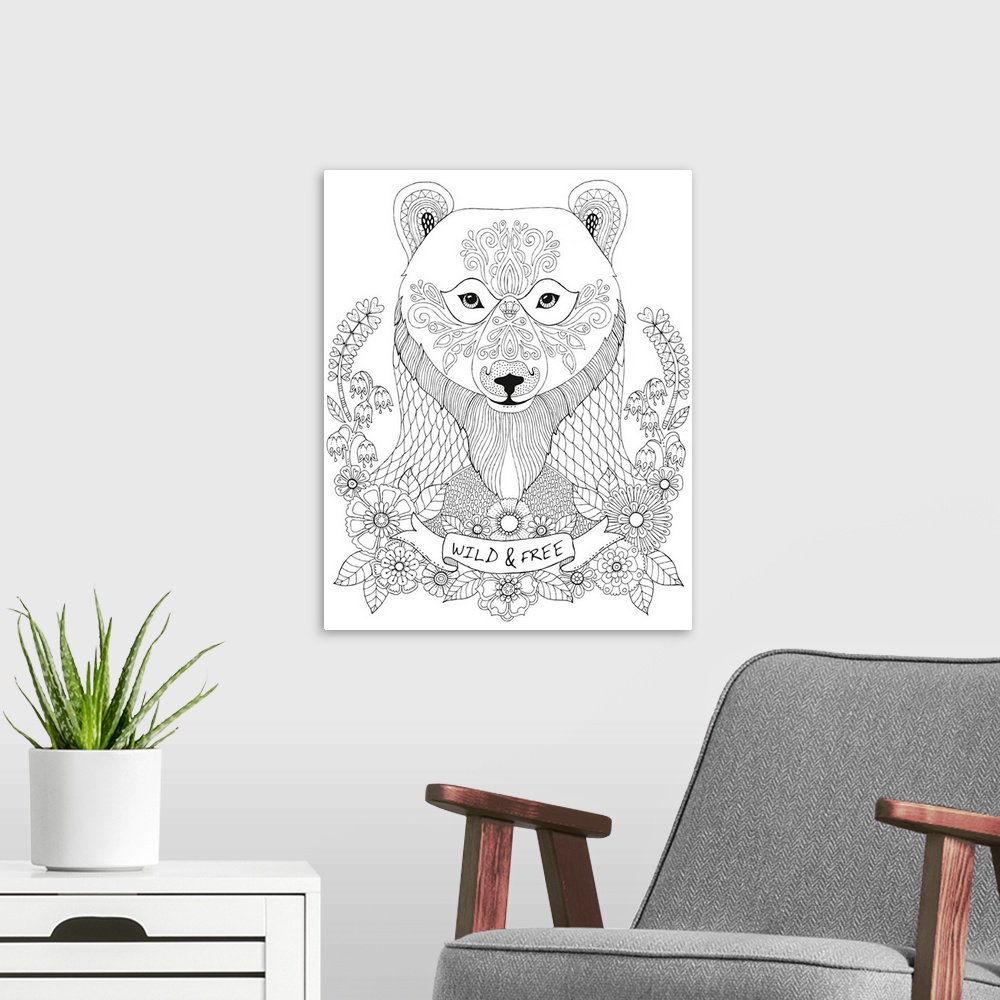A modern room featuring Black and white line art of a uniquely designed bear surrounded by wildflowers and a ribbon with ...