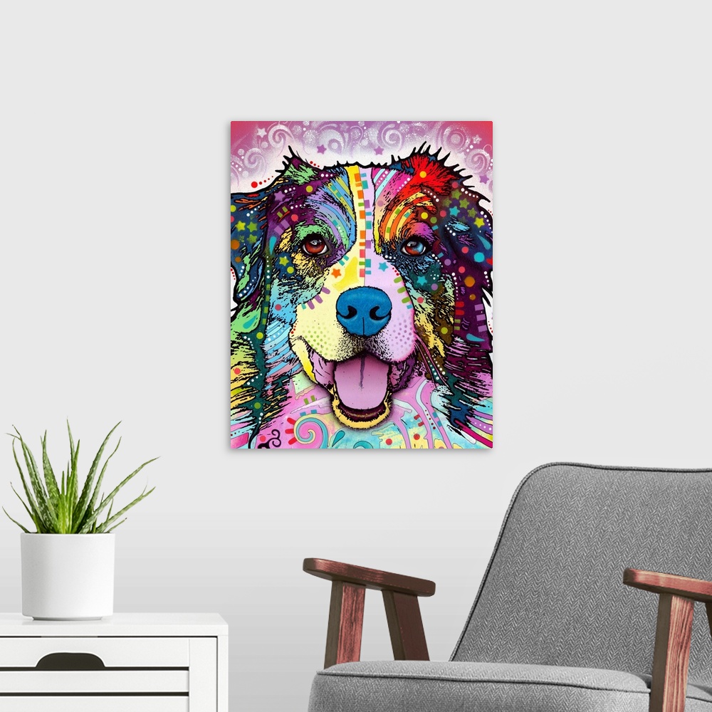 A modern room featuring This colorful print contains vibrant patterns that are used over the face of an Australian shephe...