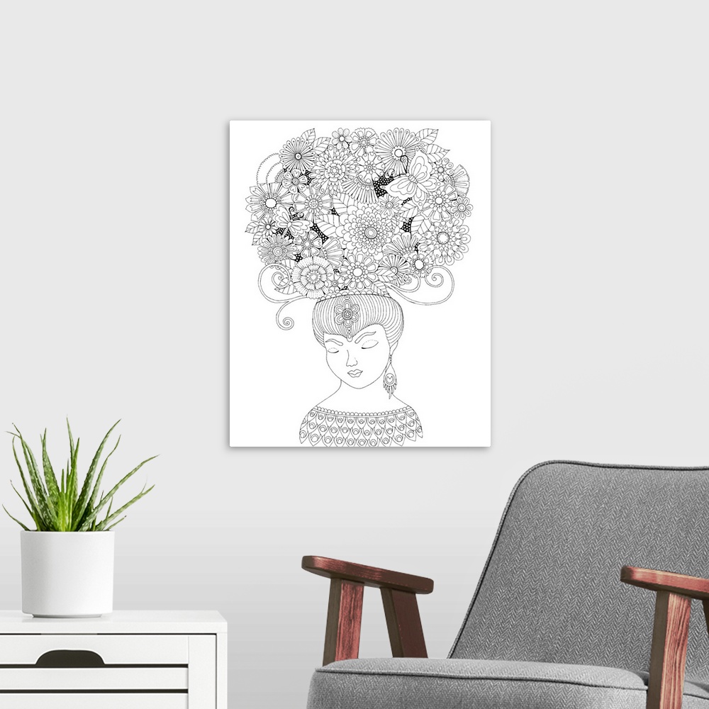 A modern room featuring Black and white line art of a woman with her eyes closed and a giant bouquet of flowers on her head.