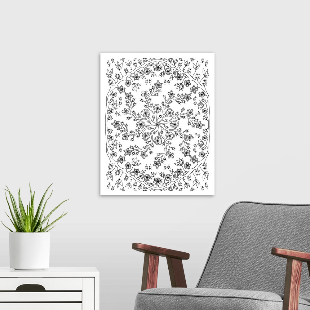 A modern room featuring Line art of cherry blossoms arranged in a circular pattern.