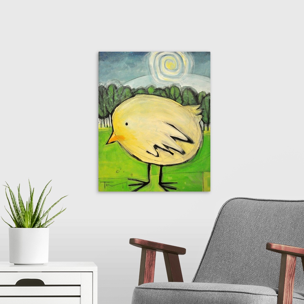 A modern room featuring Large painting of a baby bird on canvas with a sun shining and a forest of trees behind him.