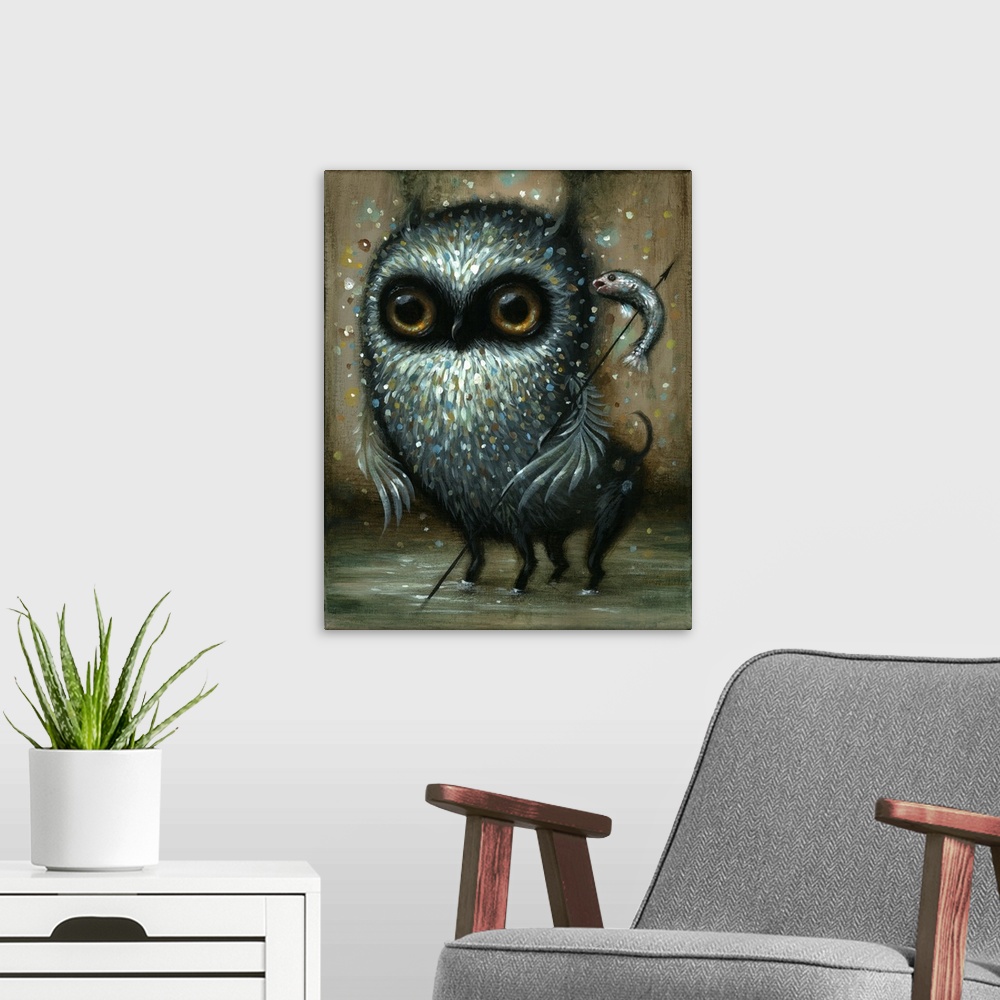 A modern room featuring Surrealist painting of an owl with the lower half of it being a four legged animal, while holding...