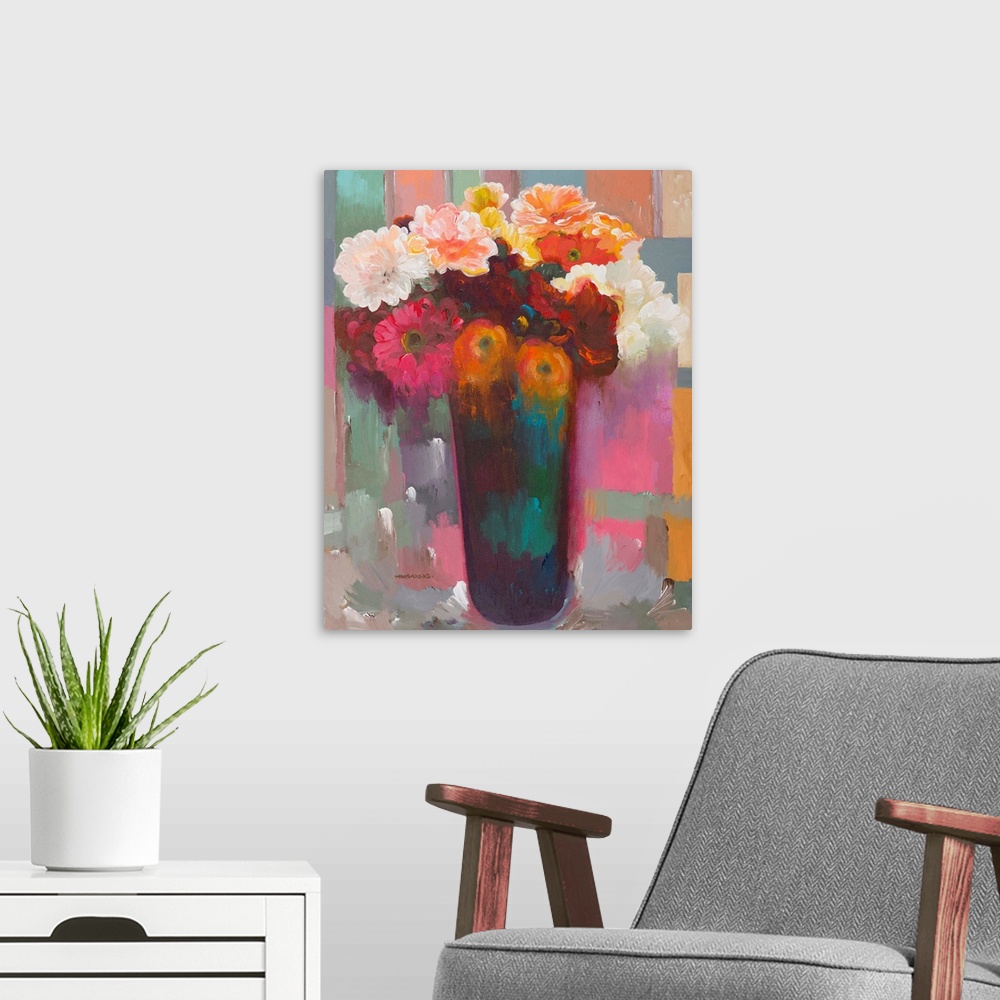 A modern room featuring Colorful contemporary painting of a variety of flowers in a vase with a multicolored background.