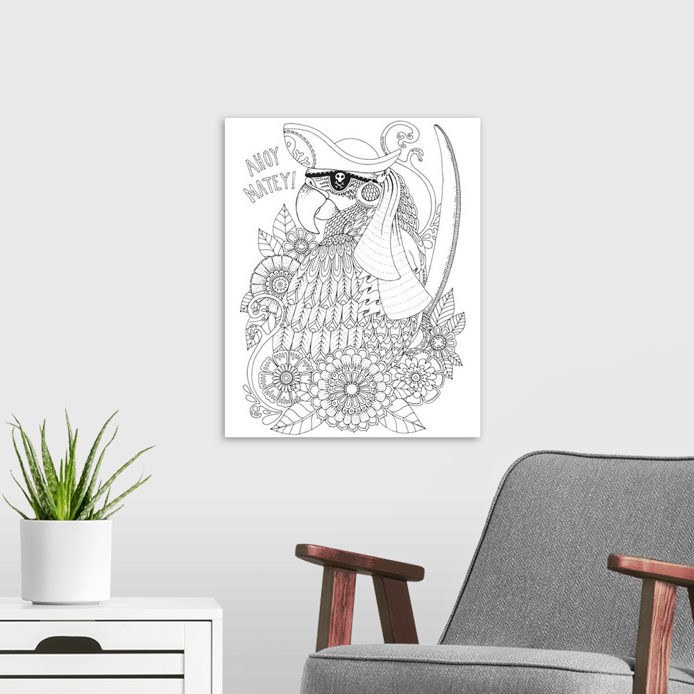 A modern room featuring Black and white line art of a uniquely designed parrot wearing a skull and crossbones eye patch s...
