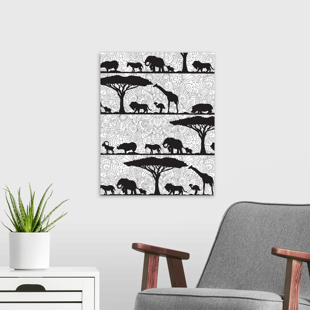 A modern room featuring Black and white line art with black silhouettes of jungle animals in a line with trees and an int...