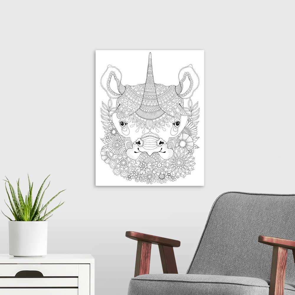 A modern room featuring Black and white lined design of a rhinoceros.