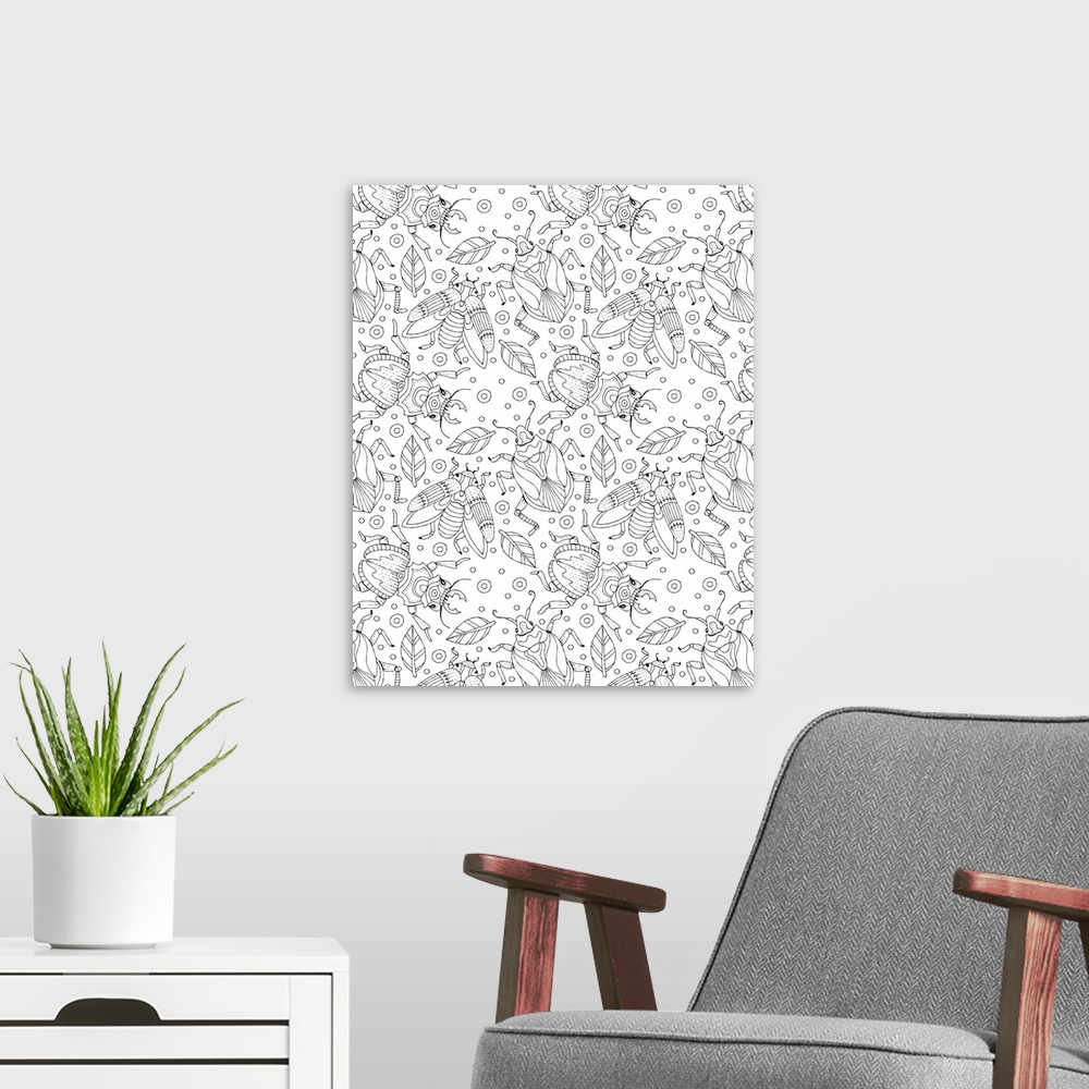 A modern room featuring Black and white line art of with a pattern of flies and beetles amongst leaves.