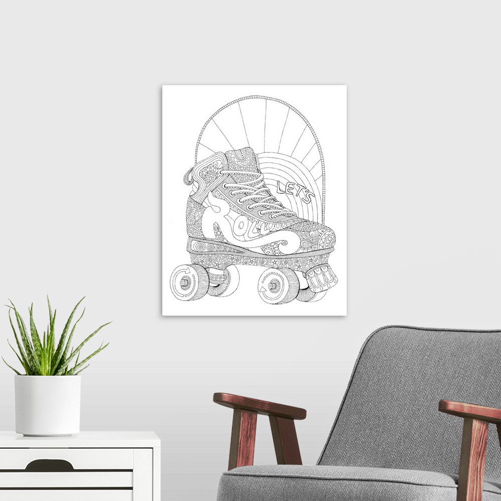 A modern room featuring Black and white line art of an intricately designed roller skate with the phrase "Let's Roll" wri...