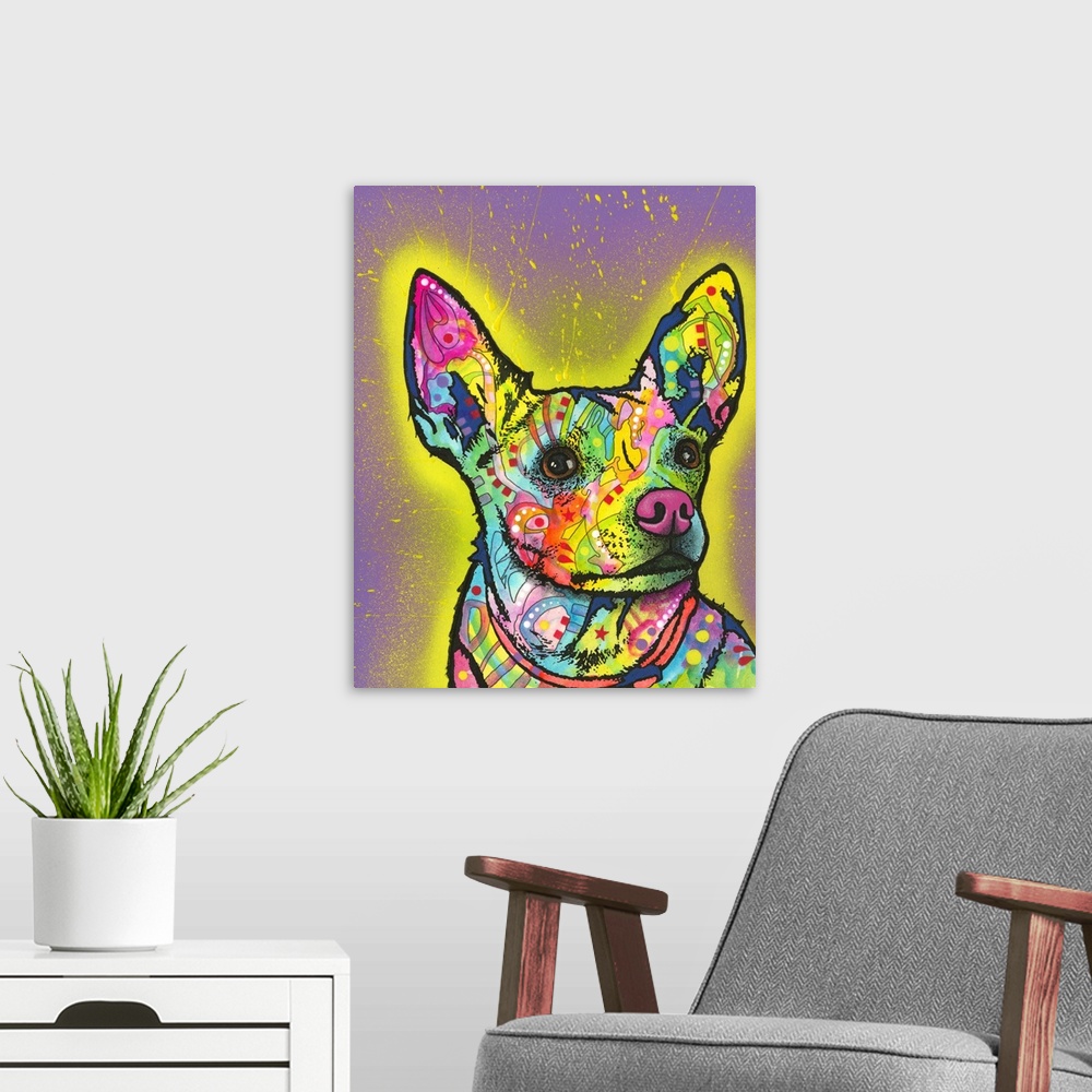 A modern room featuring Pop art style painting of a colorful Italian Greyhound with graffiti-like designs on  a purple ba...