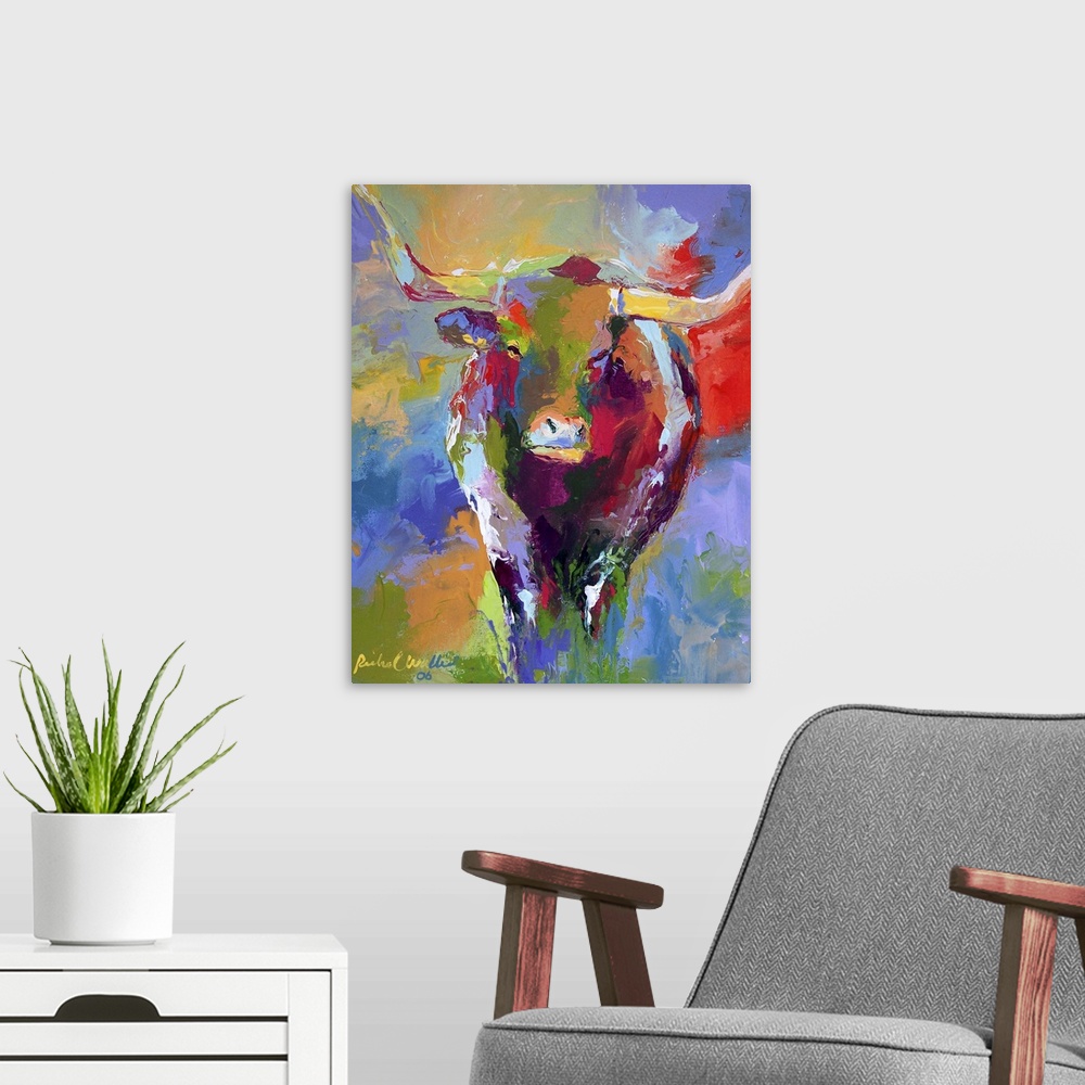 A modern room featuring Contemporary vibrant colorful painting of a bull with large horns.