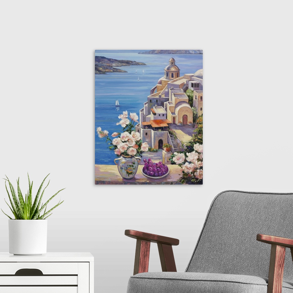 A modern room featuring A seascape with a rose arrangement in the foreground.