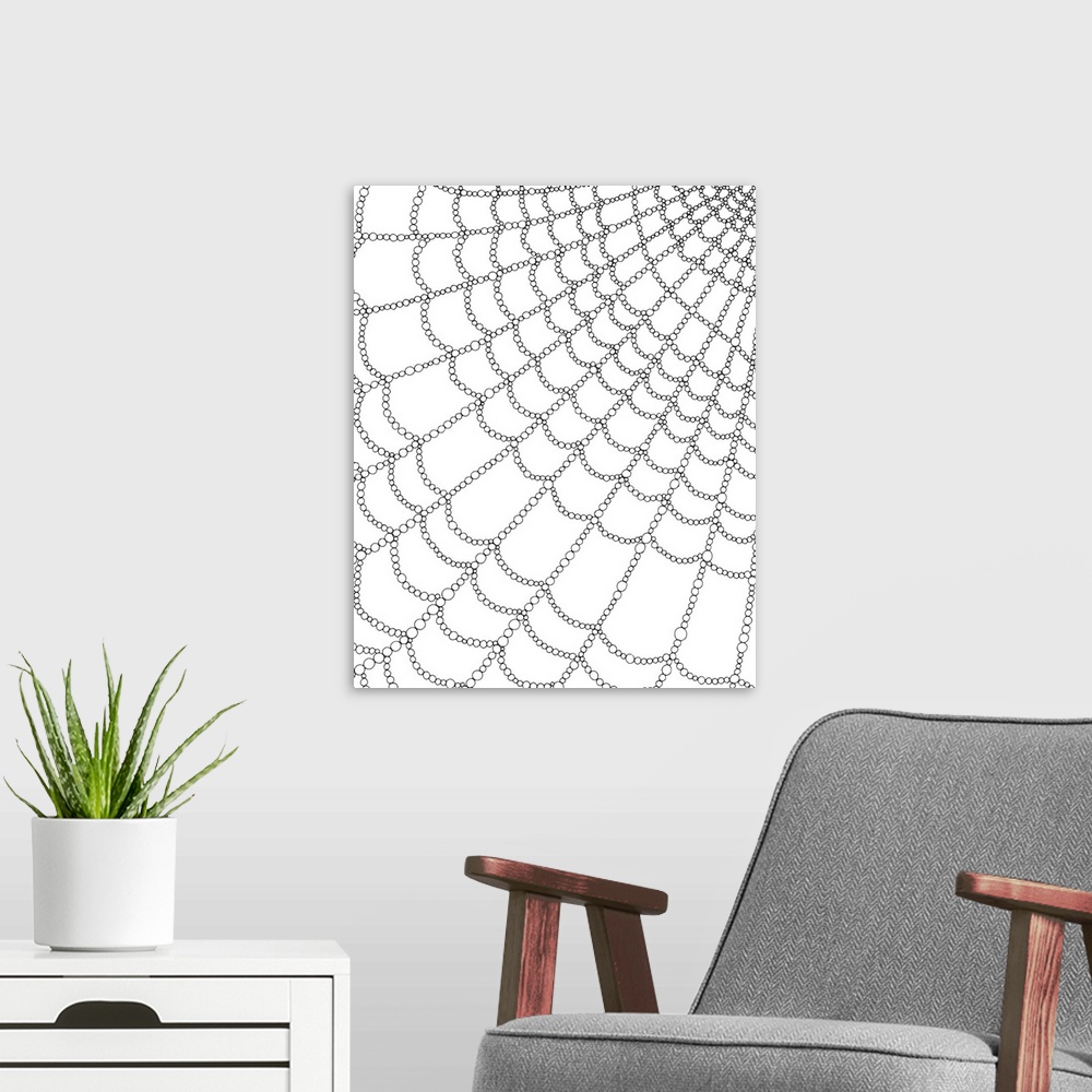 A modern room featuring Black and white line art of a close-up of a spider web made out of little circles.