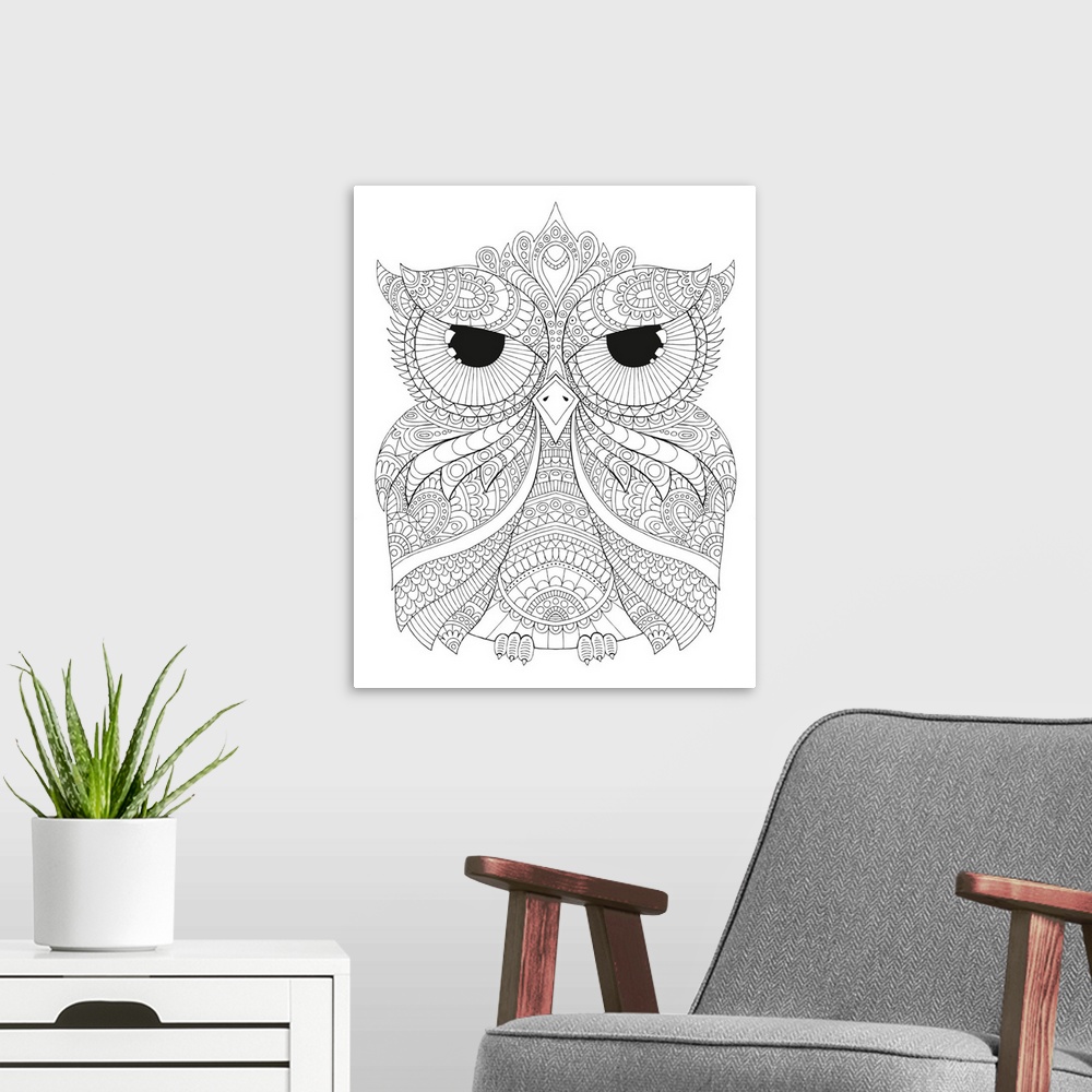 A modern room featuring Black and white line art of a uniquely designed owl.