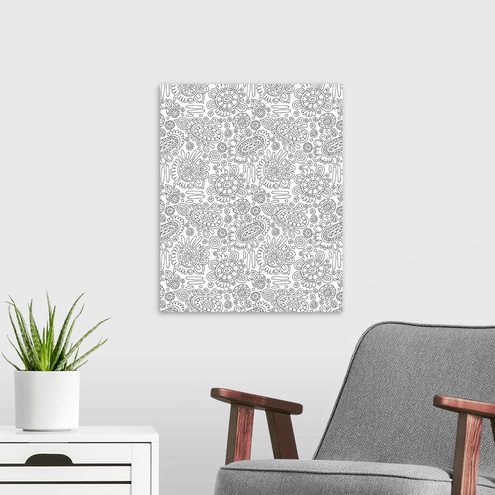 A modern room featuring Black and white line art of an intricate floral pattern.