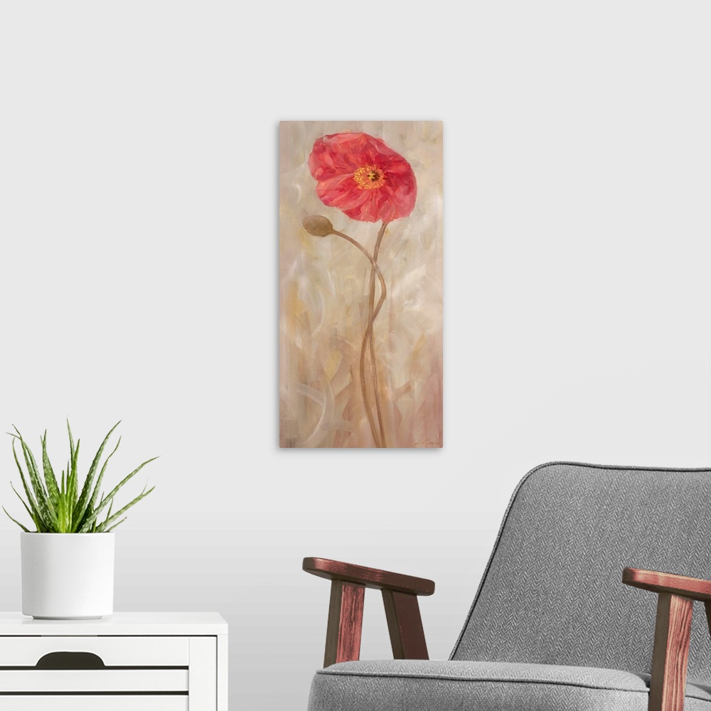 A modern room featuring Contemporary painting of a poppy.