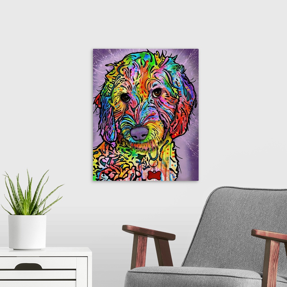 A modern room featuring Vibrant painting of a poodle full of playful designs on a purple paint splattered background.